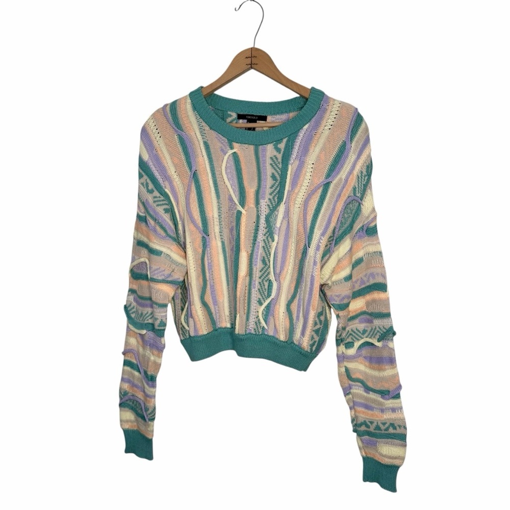 Forever 21 90s 3D Knit Pastel Cropped Crewneck Cable Knit Sweater Size Small